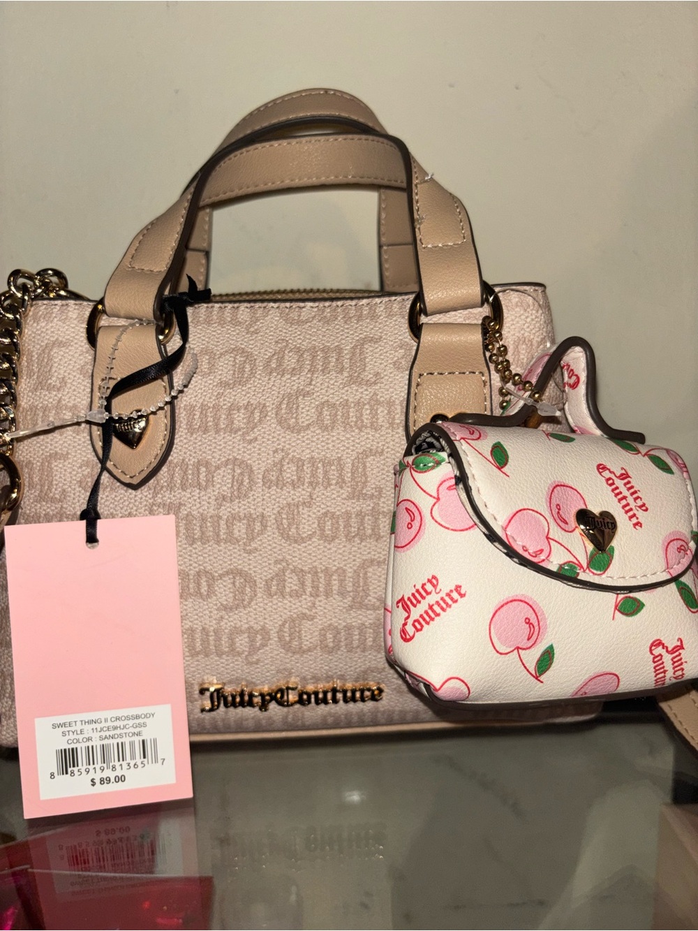 Juicy Couture Sandstone Logo Satchel with Pink Cherry Pouch